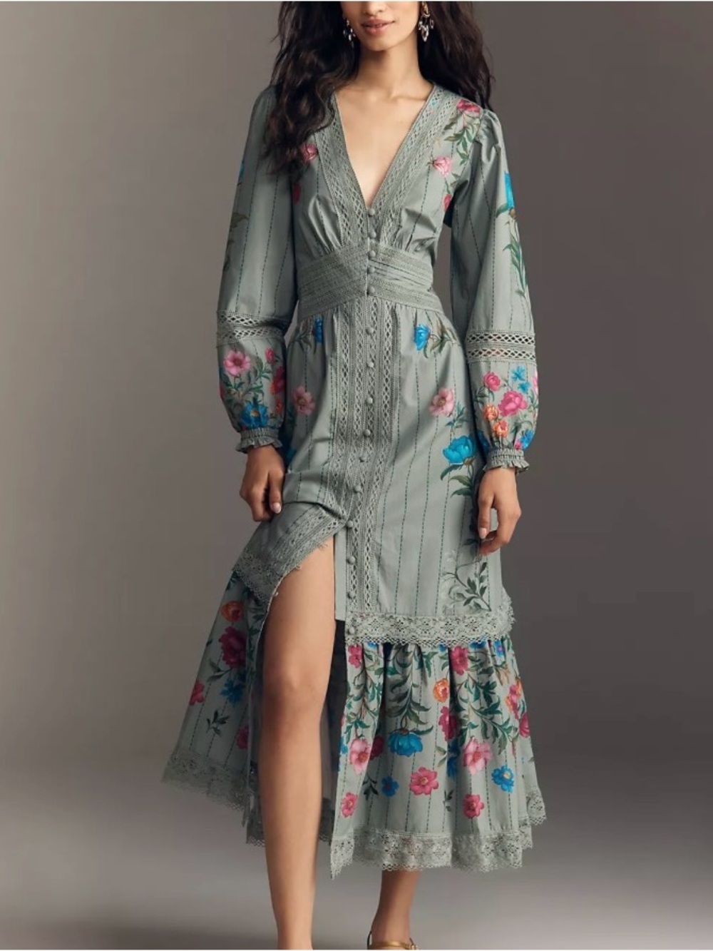 Anthropologie Floral V-Neck Lace-Trim Maxi Dress in Sage Green